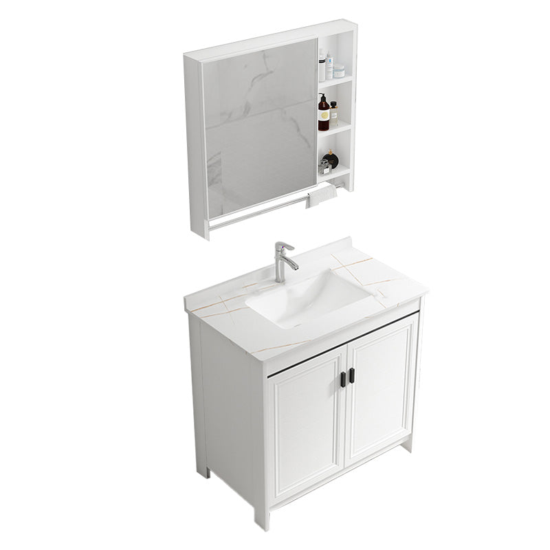 Rectangular Modern Bathroom Vanity White Stone Single Freestanding Vanity Set Vanity & Faucet & Mirror Cabinet 32"L x 19"W x 32"H Towel Bar Included Clearhalo 'Bathroom Remodel & Bathroom Fixtures' 'Bathroom Vanities' 'bathroom_vanities' 'Home Improvement' 'home_improvement' 'home_improvement_bathroom_vanities' 7610960