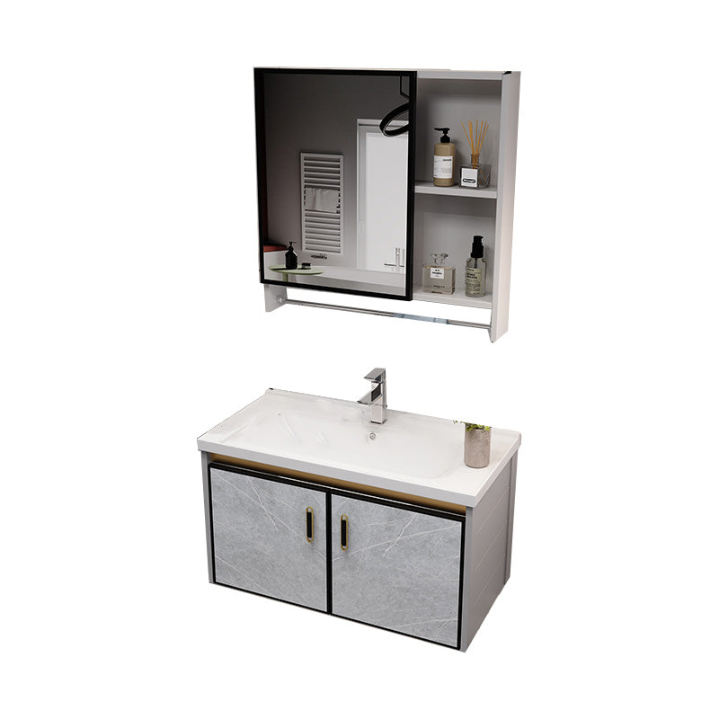 Glam Metal Sink Vanity Wall Mount Bathroom Vanity Set with Mirror Vanity & Faucet & Mirror Cabinet 32"L x 19"W x 15"H Ceramic Clearhalo 'Bathroom Remodel & Bathroom Fixtures' 'Bathroom Vanities' 'bathroom_vanities' 'Home Improvement' 'home_improvement' 'home_improvement_bathroom_vanities' 7623558