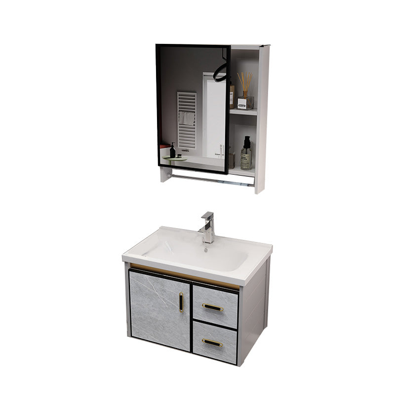 Glam Metal Sink Vanity Wall Mount Bathroom Vanity Set with Mirror Vanity & Faucet & Mirror Cabinet 24"L x 19"W x 18"H Ceramic Clearhalo 'Bathroom Remodel & Bathroom Fixtures' 'Bathroom Vanities' 'bathroom_vanities' 'Home Improvement' 'home_improvement' 'home_improvement_bathroom_vanities' 7623566