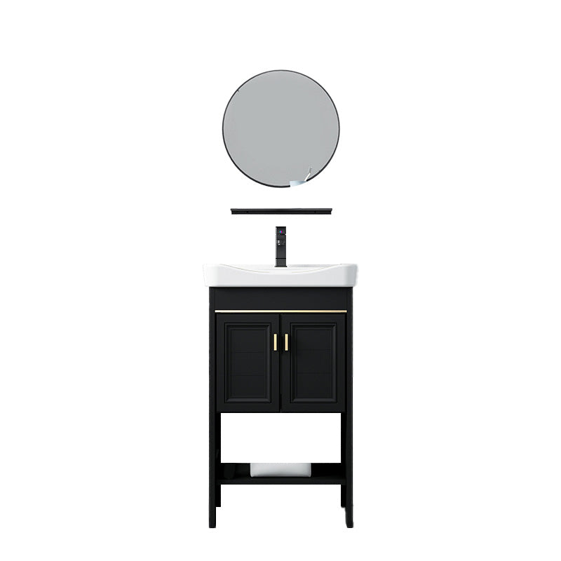 Glam Single Bath Vanity Black Rectangular Freestanding Sink Vanity Vanity & Faucet & Round Mirror 20"L x 14"W x 30"H Clearhalo 'Bathroom Remodel & Bathroom Fixtures' 'Bathroom Vanities' 'bathroom_vanities' 'Home Improvement' 'home_improvement' 'home_improvement_bathroom_vanities' 7623717