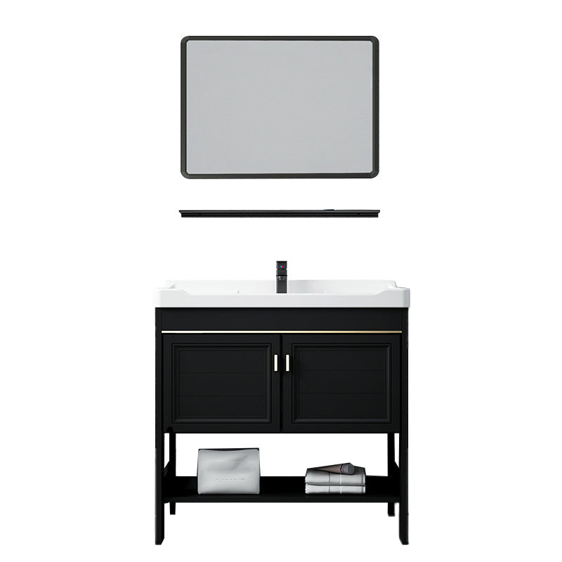 Glam Single Bath Vanity Black Rectangular Freestanding Sink Vanity Vanity & Faucet & Square Mirror 28"L x 19"W x 30"H Clearhalo 'Bathroom Remodel & Bathroom Fixtures' 'Bathroom Vanities' 'bathroom_vanities' 'Home Improvement' 'home_improvement' 'home_improvement_bathroom_vanities' 7623723