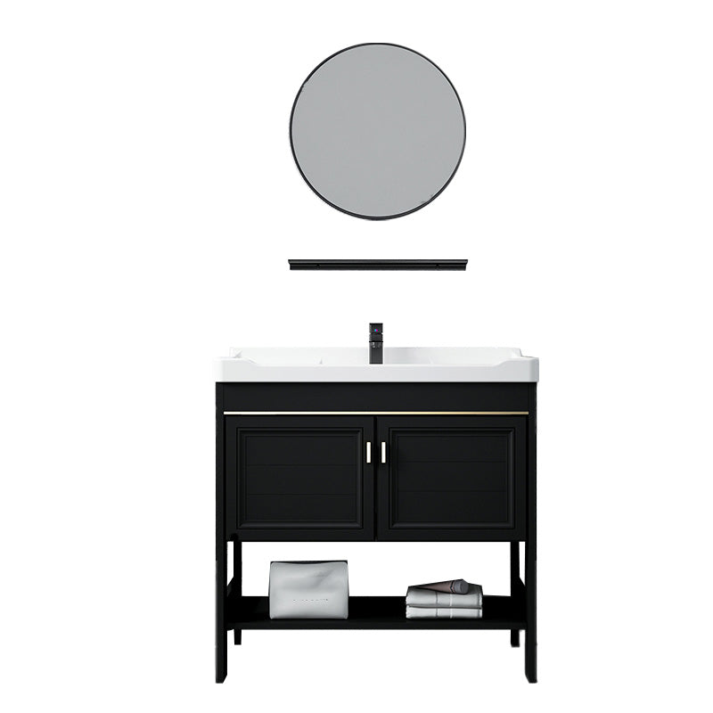 Glam Single Bath Vanity Black Rectangular Freestanding Sink Vanity Vanity & Faucet & Round Mirror 28"L x 19"W x 30"H Clearhalo 'Bathroom Remodel & Bathroom Fixtures' 'Bathroom Vanities' 'bathroom_vanities' 'Home Improvement' 'home_improvement' 'home_improvement_bathroom_vanities' 7623725