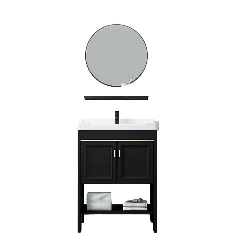 Glam Single Bath Vanity Black Rectangular Freestanding Sink Vanity Vanity & Faucet & Round Mirror 24"L x 16"W x 30"H Clearhalo 'Bathroom Remodel & Bathroom Fixtures' 'Bathroom Vanities' 'bathroom_vanities' 'Home Improvement' 'home_improvement' 'home_improvement_bathroom_vanities' 7623730