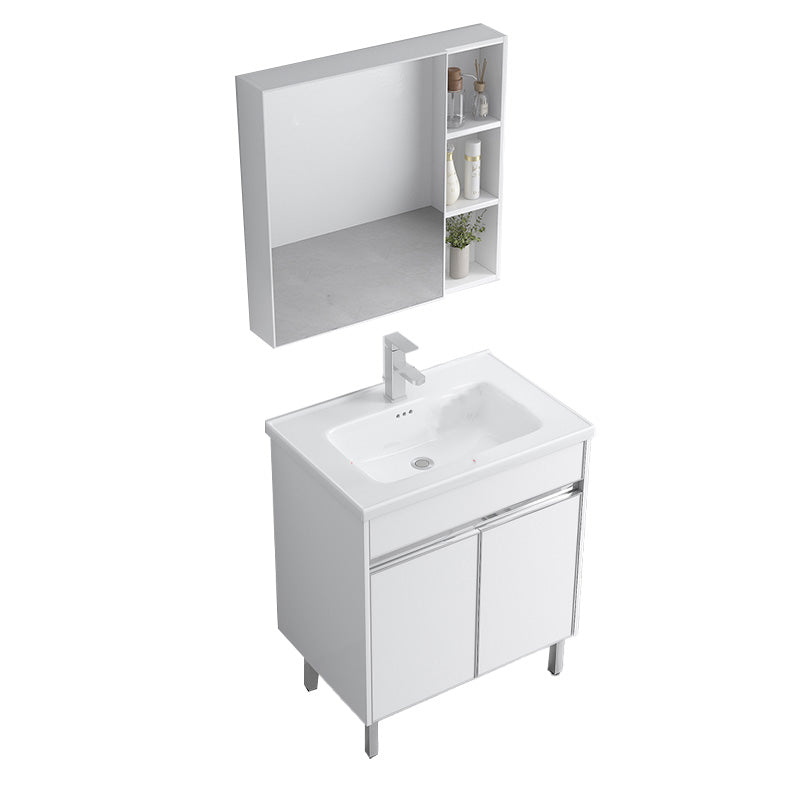 Modern Bath Vanity Single White Metal Base Rectangular Sink Vanity Vanity & Faucet & Mirror Cabinet 28"L x 19"W x 33"H Clearhalo 'Bathroom Remodel & Bathroom Fixtures' 'Bathroom Vanities' 'bathroom_vanities' 'Home Improvement' 'home_improvement' 'home_improvement_bathroom_vanities' 7623783