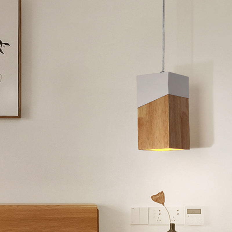 Cuboid Drop Pendant Light Modern Wood 1 Light Beige and White Suspension Lamp for Bedside Wood Clearhalo 'Ceiling Lights' 'Modern Pendants' 'Modern' 'Pendant Lights' 'Pendants' Lighting' 762552