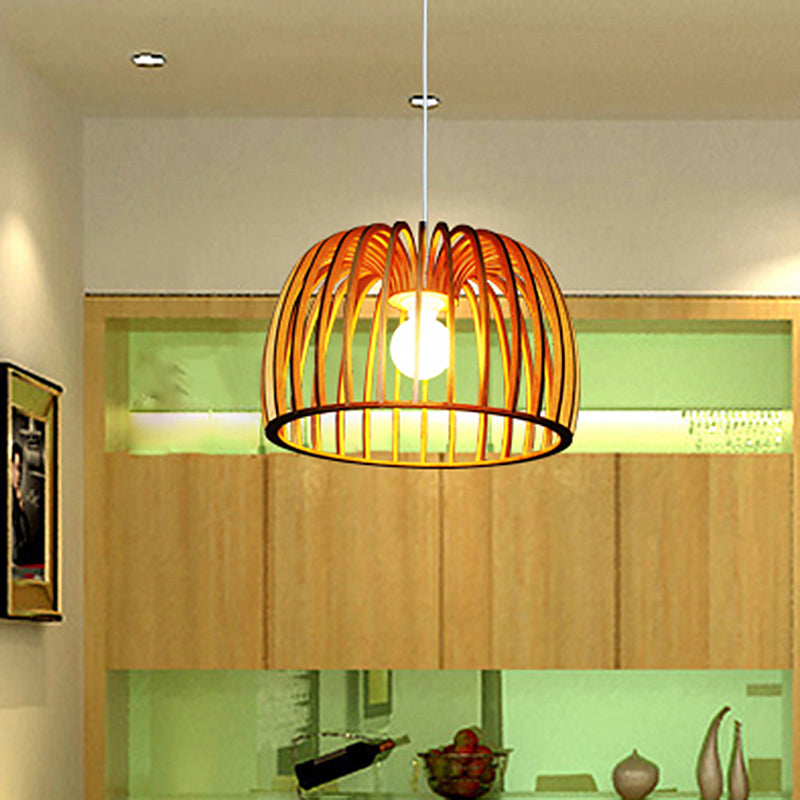 Beige Bowl Frame Down Lighting Asia 1 Bulb Wood Strip Hanging Ceiling Lamp for Living Room Clearhalo 'Ceiling Lights' 'Pendant Lights' 'Pendants' Lighting' 762560