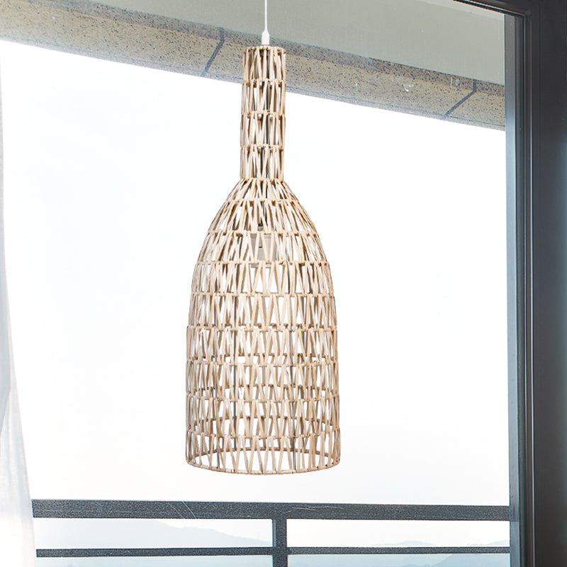 Khaki Woven Bottle Ceiling Hang Fixture Asian 1-Light Bamboo Rattan Hanging Pendant Lighting Clearhalo 'Ceiling Lights' 'Pendant Lights' 'Pendants' Lighting' 762568