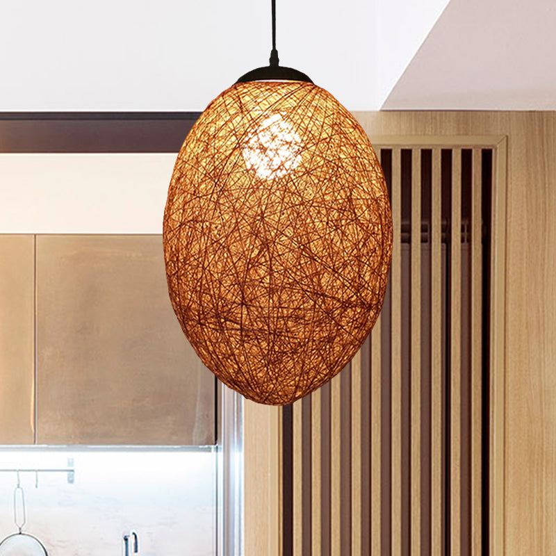 Rattan Woven Oblong Pendant Lighting Asia Style 1 Head Ceiling Suspension Lamp in Brown/Coffee Clearhalo 'Ceiling Lights' 'Pendant Lights' 'Pendants' Lighting' 762576