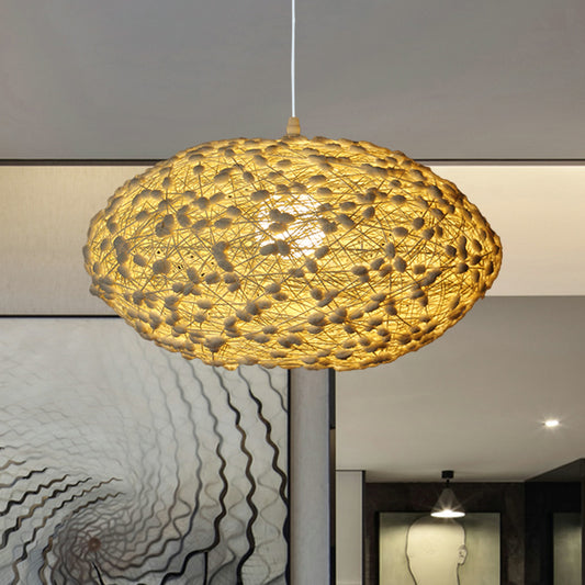 Asian 1-Bulb Hanging Lighting Beige Oval Nest Ceiling Pendant Lamp with Rattan Shade for Bedroom Clearhalo 'Ceiling Lights' 'Pendant Lights' 'Pendants' Lighting' 762626