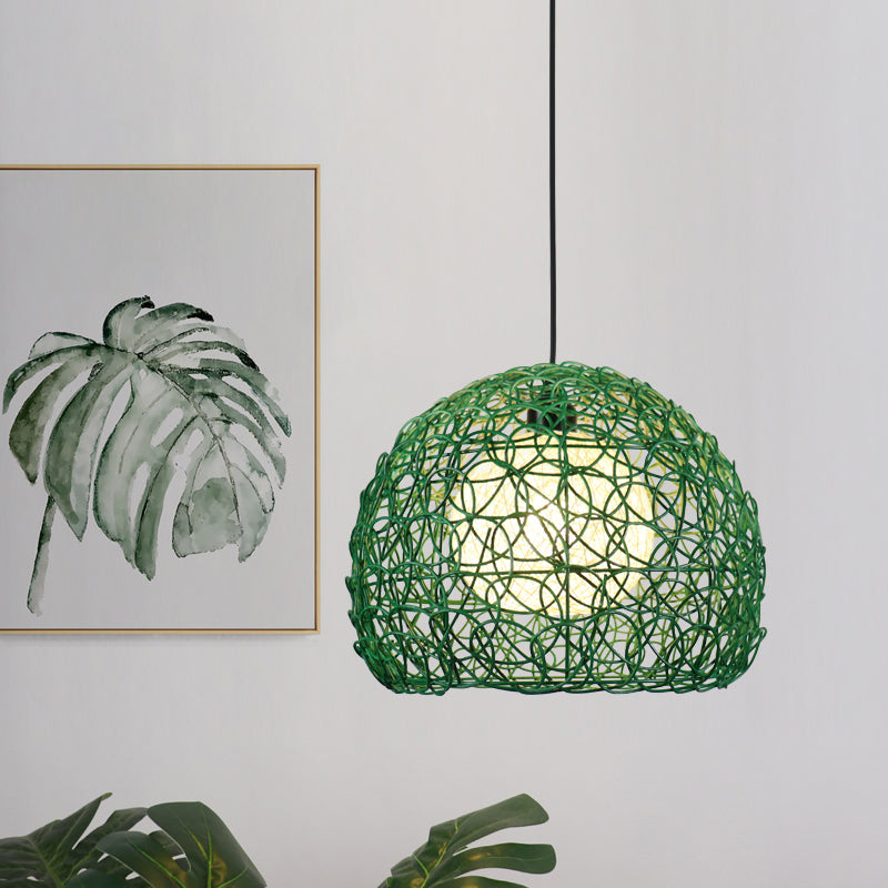 Globe Cage Hanging Light Kit Modern Rattan 1 Head Green Finish Pendant Lamp Fixture for Restaurant Clearhalo 'Ceiling Lights' 'Pendant Lights' 'Pendants' Lighting' 762692