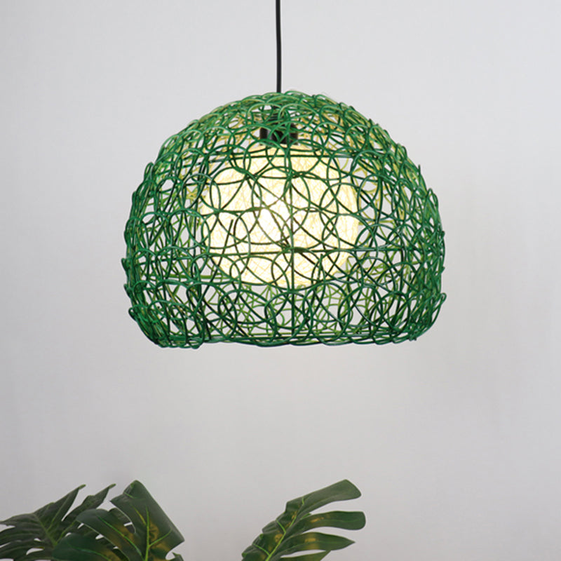 Globe Cage Hanging Light Kit Modern Rattan 1 Head Green Finish Pendant Lamp Fixture for Restaurant Clearhalo 'Ceiling Lights' 'Pendant Lights' 'Pendants' Lighting' 762693