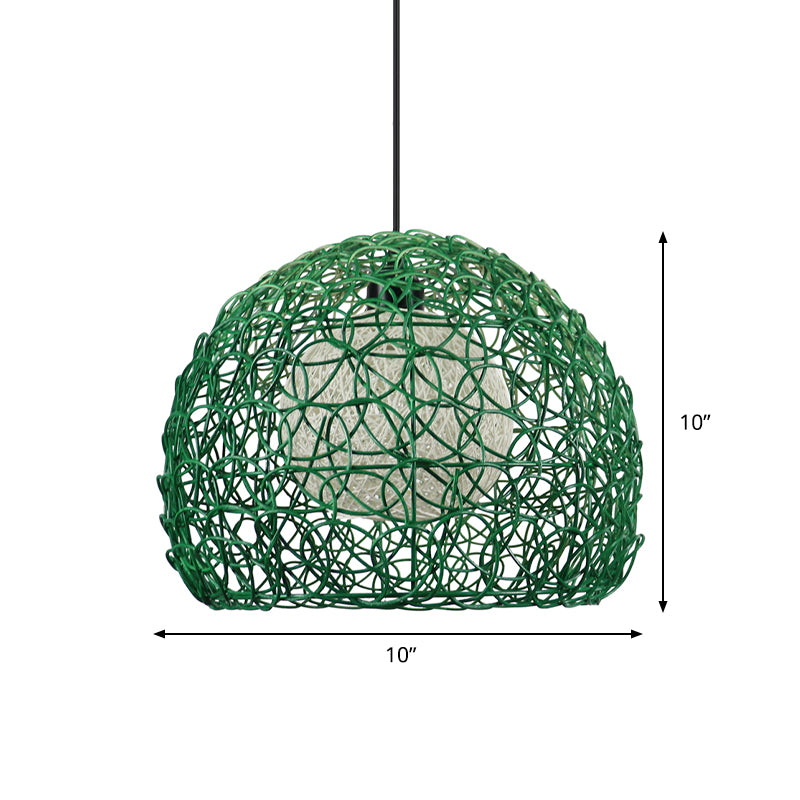 Globe Cage Hanging Light Kit Modern Rattan 1 Head Green Finish Pendant Lamp Fixture for Restaurant Clearhalo 'Ceiling Lights' 'Pendant Lights' 'Pendants' Lighting' 762695