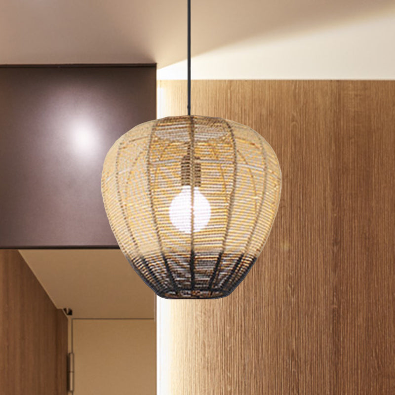 1 Light Tea Room Suspension Light Modern Wood and Black Ceiling Hang Fixture with Waterdrop Rattan Shade Wood Clearhalo 'Ceiling Lights' 'Pendant Lights' 'Pendants' Lighting' 762696_4084681e-a50c-464a-8918-b8a54e8b7cf7