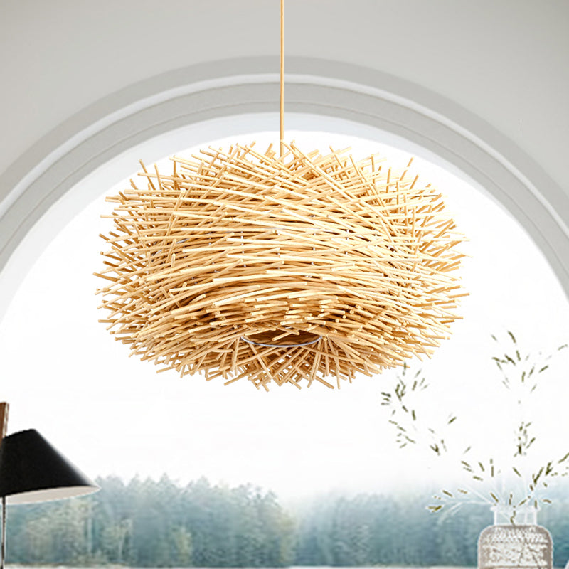 Asian 1 Bulb Ceiling Pendant Light Beige Nest Shape Hanging Lamp Kit with Rattan Shade Beige Clearhalo 'Ceiling Lights' 'Pendant Lights' 'Pendants' Lighting' 762704_acb28d97-6e78-429e-8984-fa2d247afe7e