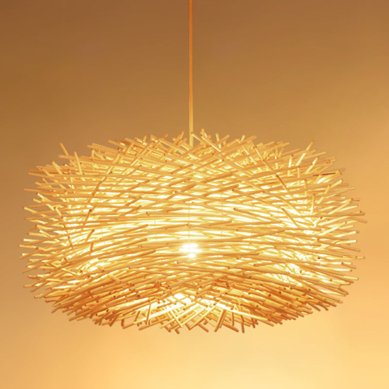 Asian 1 Bulb Ceiling Pendant Light Beige Nest Shape Hanging Lamp Kit with Rattan Shade Clearhalo 'Ceiling Lights' 'Pendant Lights' 'Pendants' Lighting' 762706