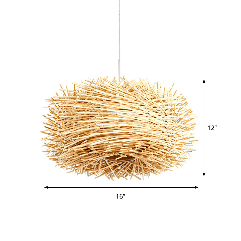 Asian 1 Bulb Ceiling Pendant Light Beige Nest Shape Hanging Lamp Kit with Rattan Shade Clearhalo 'Ceiling Lights' 'Pendant Lights' 'Pendants' Lighting' 762707