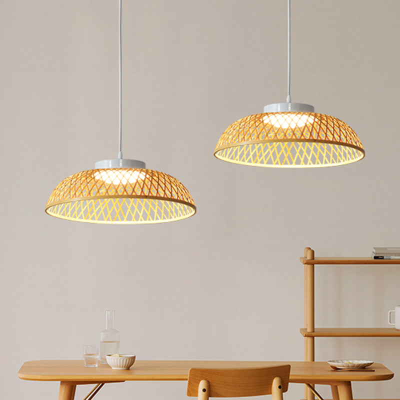 Bamboo Strip Bowl Cage Down Lighting Modern Asia 1-Head Ceiling Hang Fixture in Beige Beige Clearhalo 'Ceiling Lights' 'Pendant Lights' 'Pendants' Lighting' 762708_585d8499-7a53-443a-bc4a-8bdd2d1eedec