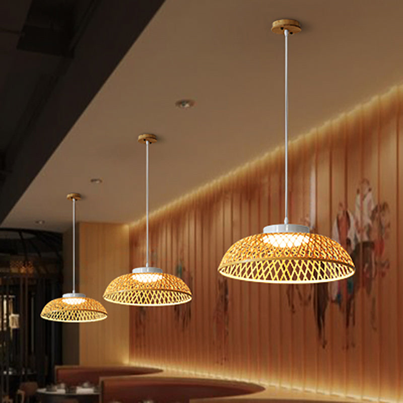 Bamboo Strip Bowl Cage Down Lighting Modern Asia 1-Head Ceiling Hang Fixture in Beige Clearhalo 'Ceiling Lights' 'Pendant Lights' 'Pendants' Lighting' 762709