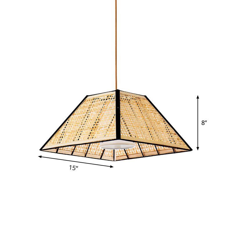 1 Head Tea House Pendulum Light Asian Beige Suspended Pendant Lamp with Pyramid Rattan Shade Clearhalo 'Ceiling Lights' 'Pendant Lights' 'Pendants' Lighting' 762715