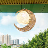 Flaxen Moon and Ball Hanging Lighting Asia 1 Bulb Rattan Ceiling Pendant Lamp for Balcony Clearhalo 'Ceiling Lights' 'Pendant Lights' 'Pendants' Lighting' 762721