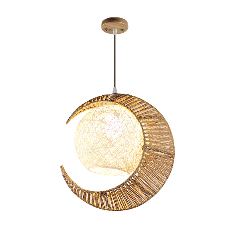 Flaxen Moon and Ball Hanging Lighting Asia 1 Bulb Rattan Ceiling Pendant Lamp for Balcony Clearhalo 'Ceiling Lights' 'Pendant Lights' 'Pendants' Lighting' 762722