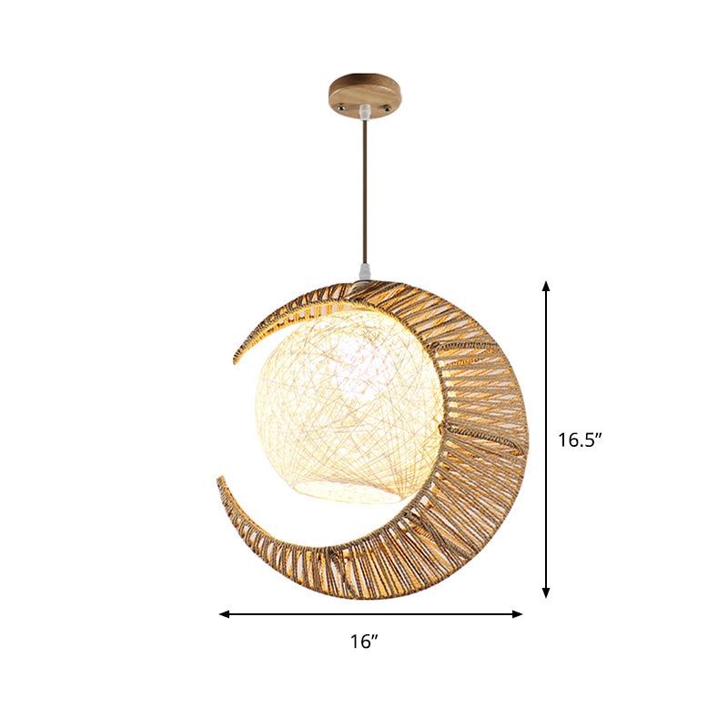 Flaxen Moon and Ball Hanging Lighting Asia 1 Bulb Rattan Ceiling Pendant Lamp for Balcony Clearhalo 'Ceiling Lights' 'Pendant Lights' 'Pendants' Lighting' 762723