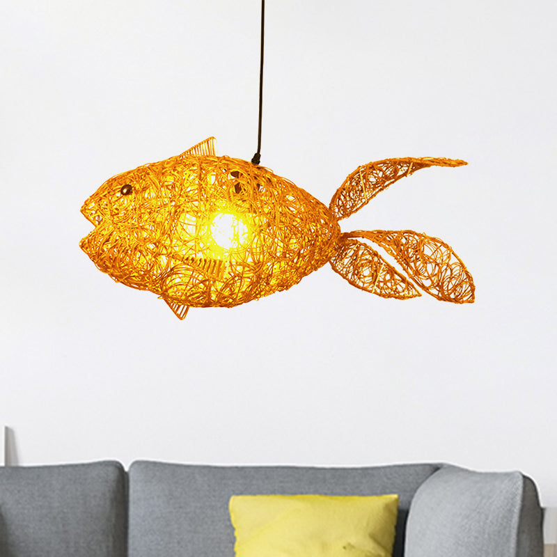 Asian Style Fish-Shape Pendulum Light Rattan 1-Light Living Room Hanging Ceiling Lamp in Gold Gold Clearhalo 'Ceiling Lights' 'Pendant Lights' 'Pendants' Lighting' 762728_e0a1947d-16d7-4fb2-8f7d-ee95a5ee2f2d