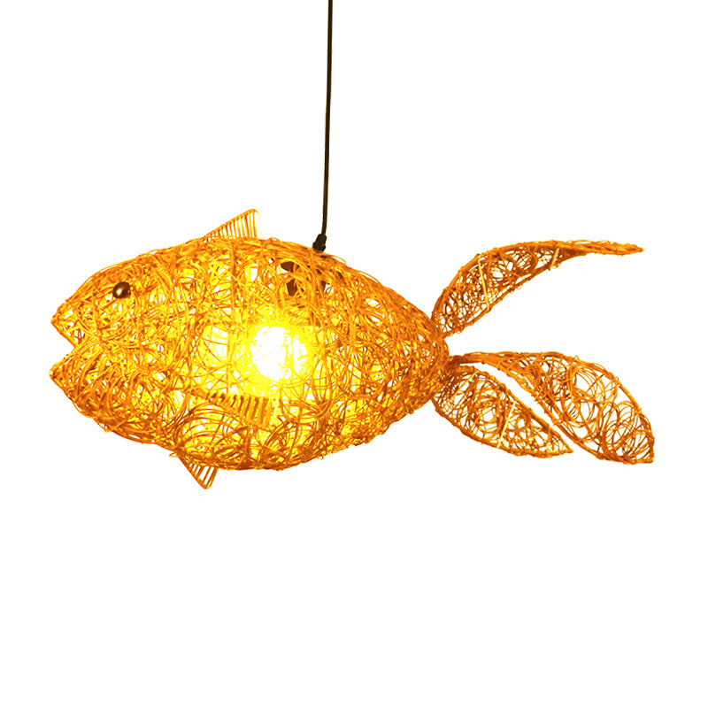 Asian Style Fish-Shape Pendulum Light Rattan 1-Light Living Room Hanging Ceiling Lamp in Gold Clearhalo 'Ceiling Lights' 'Pendant Lights' 'Pendants' Lighting' 762729