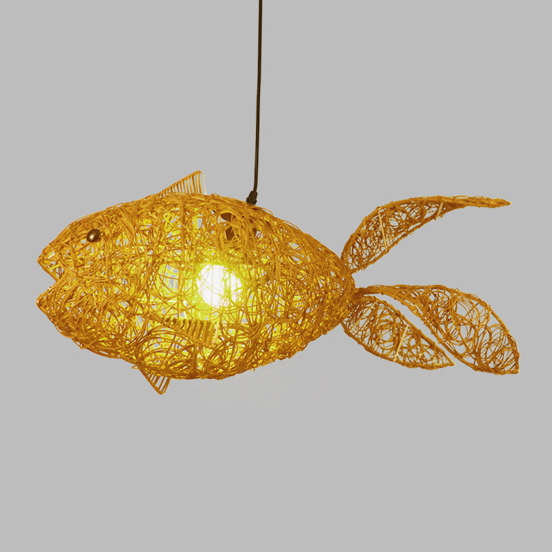 Asian Style Fish-Shape Pendulum Light Rattan 1-Light Living Room Hanging Ceiling Lamp in Gold Clearhalo 'Ceiling Lights' 'Pendant Lights' 'Pendants' Lighting' 762730