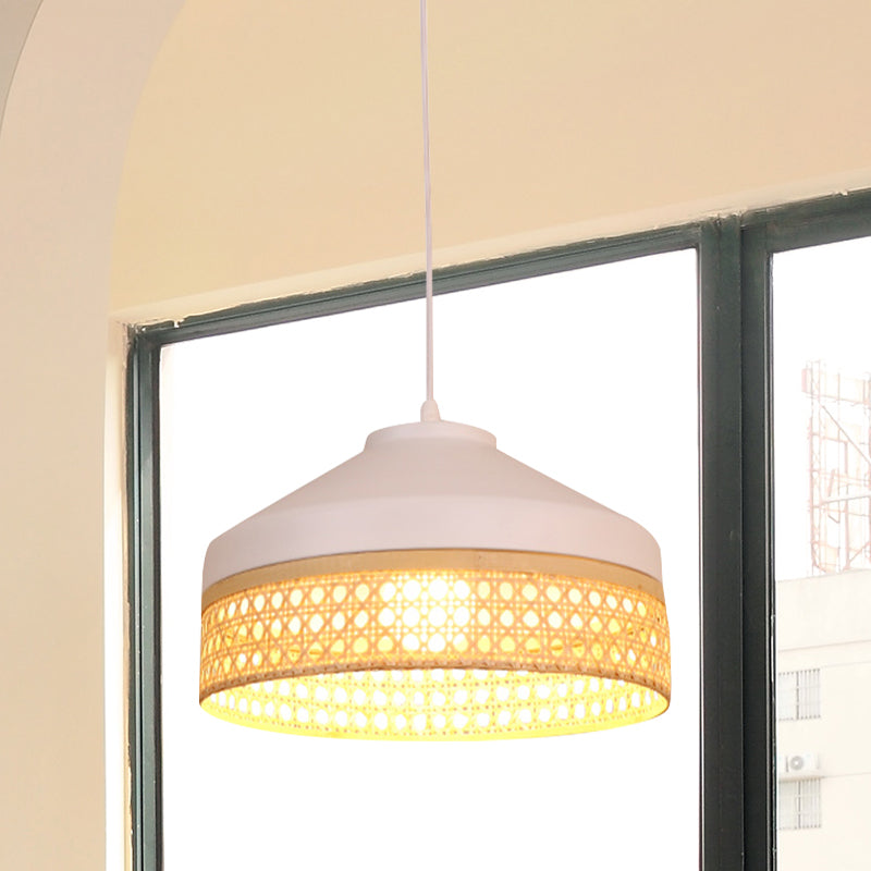 Iron Barn Pendant Light Kit Modernist 1 Head White Ceiling Suspension Lamp with Woven Bamboo Rattan Detail White Clearhalo 'Ceiling Lights' 'Pendant Lights' 'Pendants' Lighting' 762740_316c6316-5f2b-4f2a-a493-934c03822e71