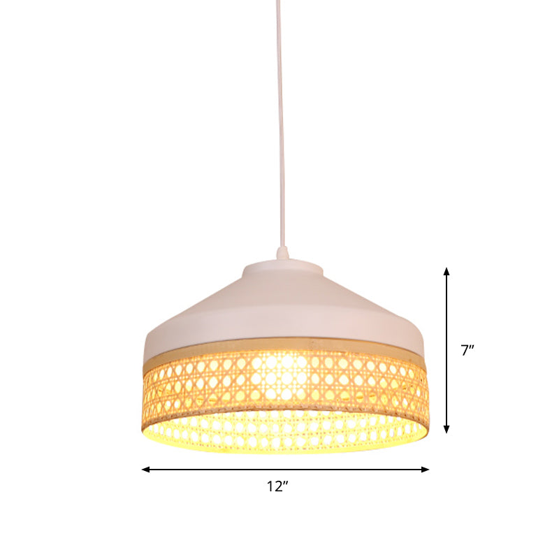 Iron Barn Pendant Light Kit Modernist 1 Head White Ceiling Suspension Lamp with Woven Bamboo Rattan Detail Clearhalo 'Ceiling Lights' 'Pendant Lights' 'Pendants' Lighting' 762743