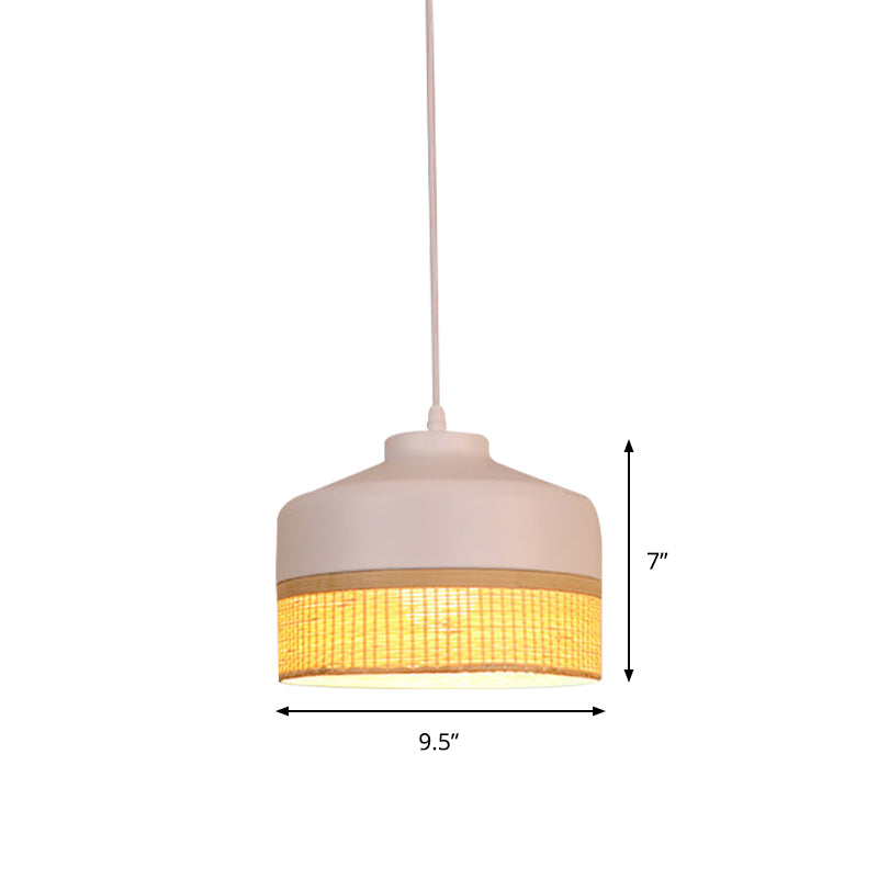 Modernism 1-Light Drop Pendant Light White and Beige Altar Hanging Lamp with Bamboo Rattan Shade Clearhalo 'Ceiling Lights' 'Pendant Lights' 'Pendants' Lighting' 762747