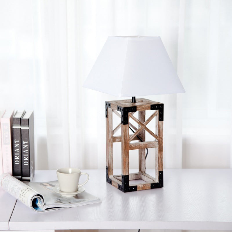 White/Black Finish Trapezoid Nightstand Lamp Modernist 1-Bulb Fabric Night Table Lamp with Rectangle Frame Wood Base White Clearhalo 'Lamps' 'Table Lamps' Lighting' 762760