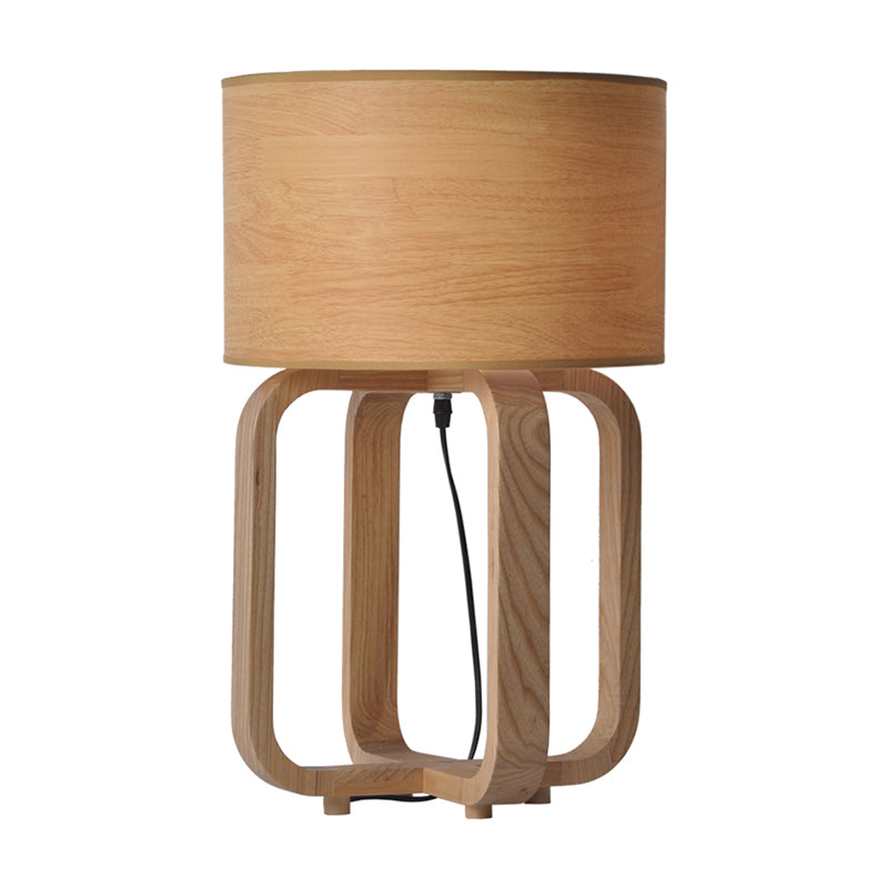 Drum and Squared Frame Table Light Asian Wood 1-Light Bedroom Night Lamp in Beige Clearhalo 'Lamps' 'Table Lamps' Lighting' 762766