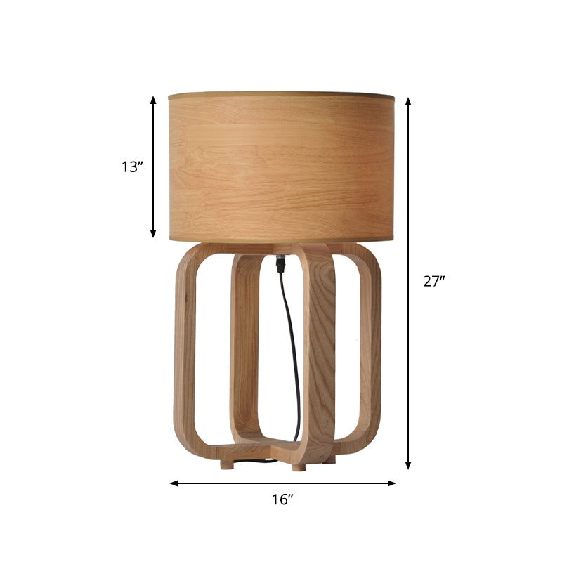 Drum and Squared Frame Table Light Asian Wood 1-Light Bedroom Night Lamp in Beige Clearhalo 'Lamps' 'Table Lamps' Lighting' 762767