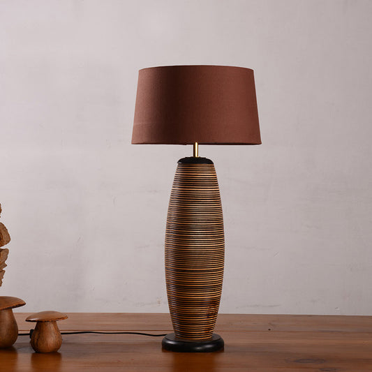 Coffee Cocoon Shaped Night Lighting Asia 1 Head Wood Night Table Lamp with Drum Brown Fabric Shade Coffee Clearhalo 'Lamps' 'Table Lamps' Lighting' 762808