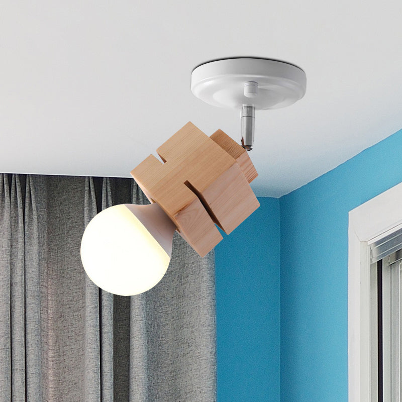 Metal Bare Bulb Semi Flush Ceiling Light Modern 1 Light White Finish Flushmount with Wood Top Clearhalo 'Ceiling Lights' 'Close To Ceiling Lights' 'Close to ceiling' 'Semi-flushmount' Lighting' 762825