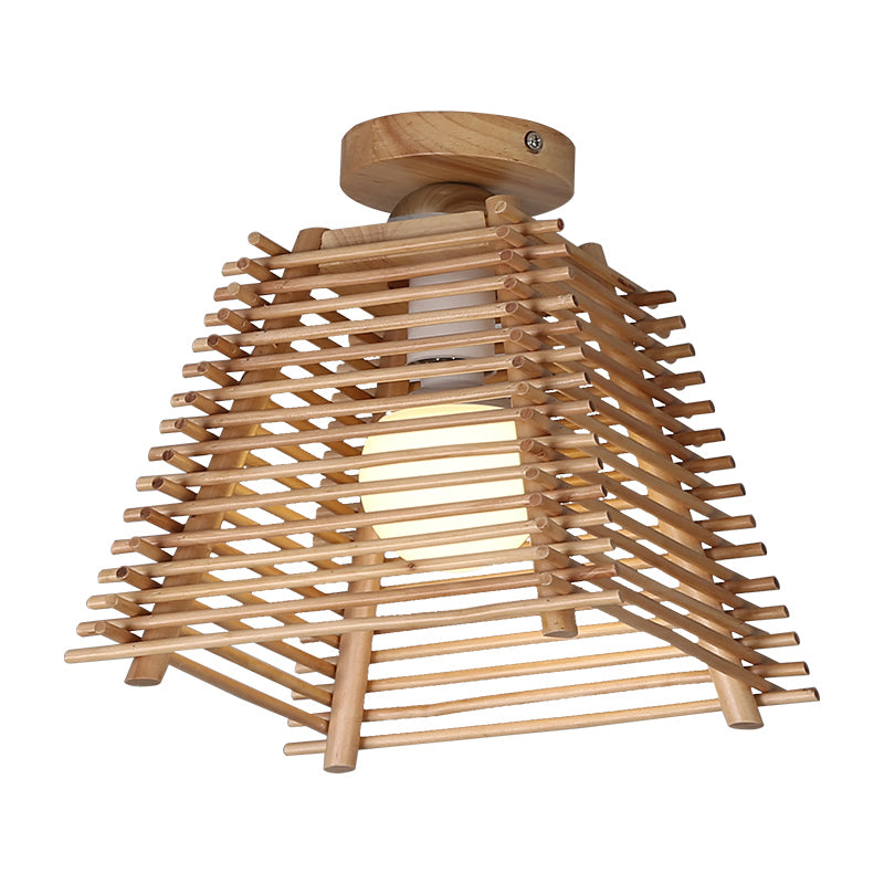 Japanese Trapezoid Semi Mount Lighting Bamboo Bar 1-Bulb Hallway Flush Ceiling Lamp in Wood Clearhalo 'Ceiling Lights' 'Close To Ceiling Lights' 'Close to ceiling' 'Semi-flushmount' Lighting' 762841