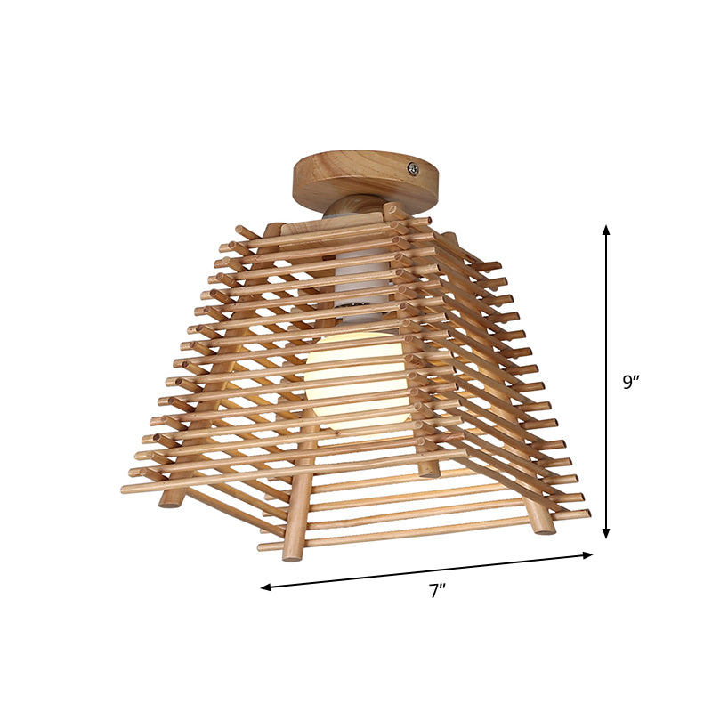 Japanese Trapezoid Semi Mount Lighting Bamboo Bar 1-Bulb Hallway Flush Ceiling Lamp in Wood Clearhalo 'Ceiling Lights' 'Close To Ceiling Lights' 'Close to ceiling' 'Semi-flushmount' Lighting' 762842