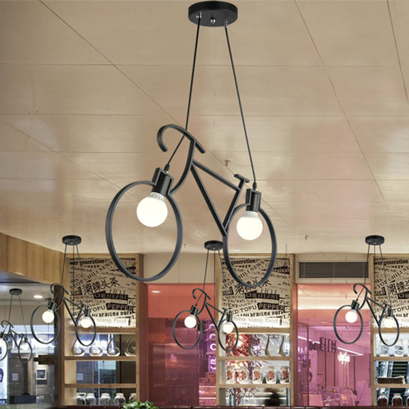 Black/White City Bike Hanging Light Kids 2-Light Iron Suspension Pendant with Open Bulb Design Black Clearhalo 'Ceiling Lights' 'Island Lights' Lighting' 762879