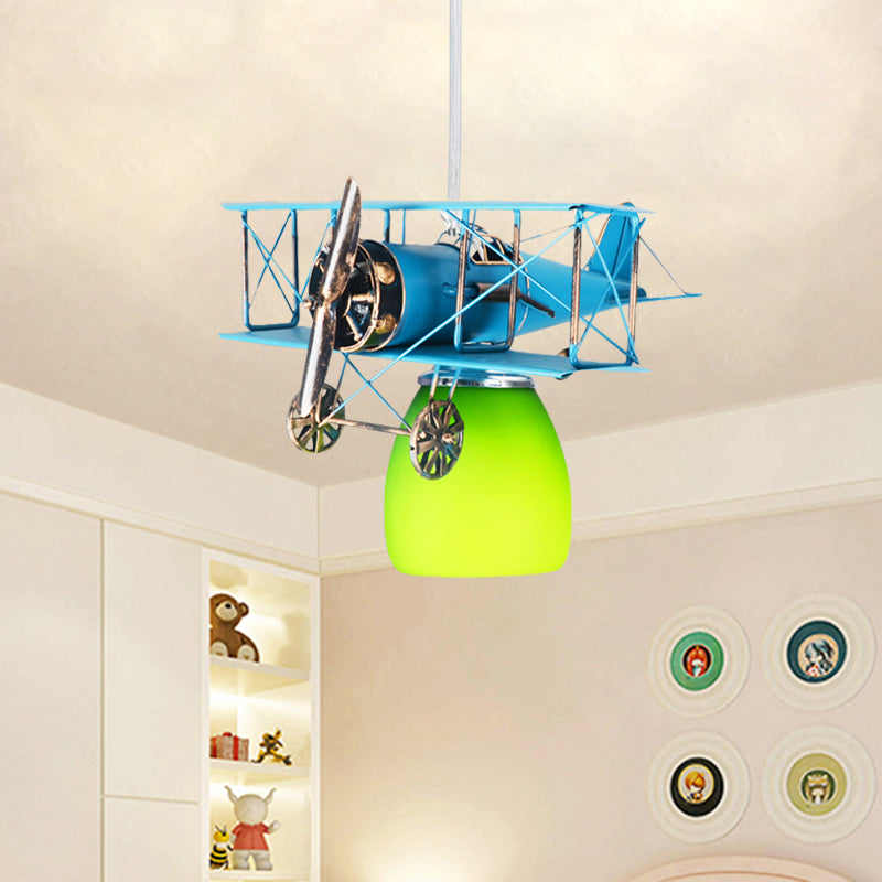 Wright Flyer Aircraft Suspension Light Kids Metal 1 Head Red/Blue/Yellow Pendant Lighting with Bottom Dome Colored Glass Shade Blue Clearhalo 'Ceiling Lights' 'Pendant Lights' 'Pendants' Lighting' 762893_2941341d-2fbe-4732-812f-7e3693d587ff