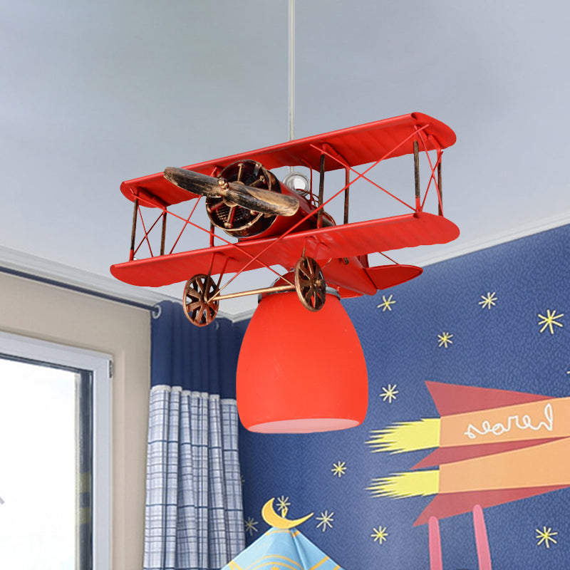 Wright Flyer Aircraft Suspension Light Kids Metal 1 Head Red/Blue/Yellow Pendant Lighting with Bottom Dome Colored Glass Shade Clearhalo 'Ceiling Lights' 'Pendant Lights' 'Pendants' Lighting' 762897