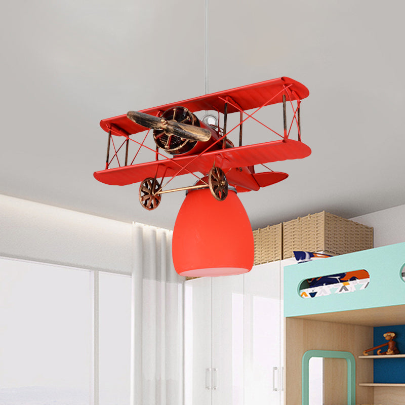 Wright Flyer Aircraft Suspension Light Kids Metal 1 Head Red/Blue/Yellow Pendant Lighting with Bottom Dome Colored Glass Shade Clearhalo 'Ceiling Lights' 'Pendant Lights' 'Pendants' Lighting' 762898