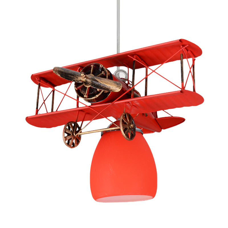 Wright Flyer Aircraft Suspension Light Kids Metal 1 Head Red/Blue/Yellow Pendant Lighting with Bottom Dome Colored Glass Shade Clearhalo 'Ceiling Lights' 'Pendant Lights' 'Pendants' Lighting' 762899