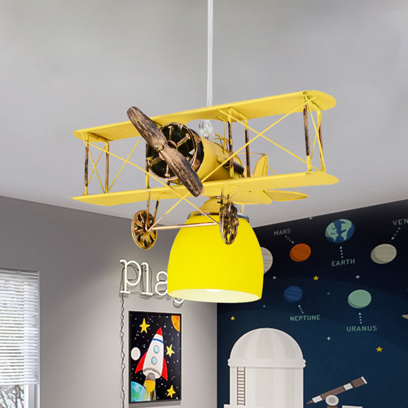 Wright Flyer Aircraft Suspension Light Kids Metal 1 Head Red/Blue/Yellow Pendant Lighting with Bottom Dome Colored Glass Shade Yellow Clearhalo 'Ceiling Lights' 'Pendant Lights' 'Pendants' Lighting' 762900_1dc51a95-bb44-4d9b-a939-5f4236e40dc6