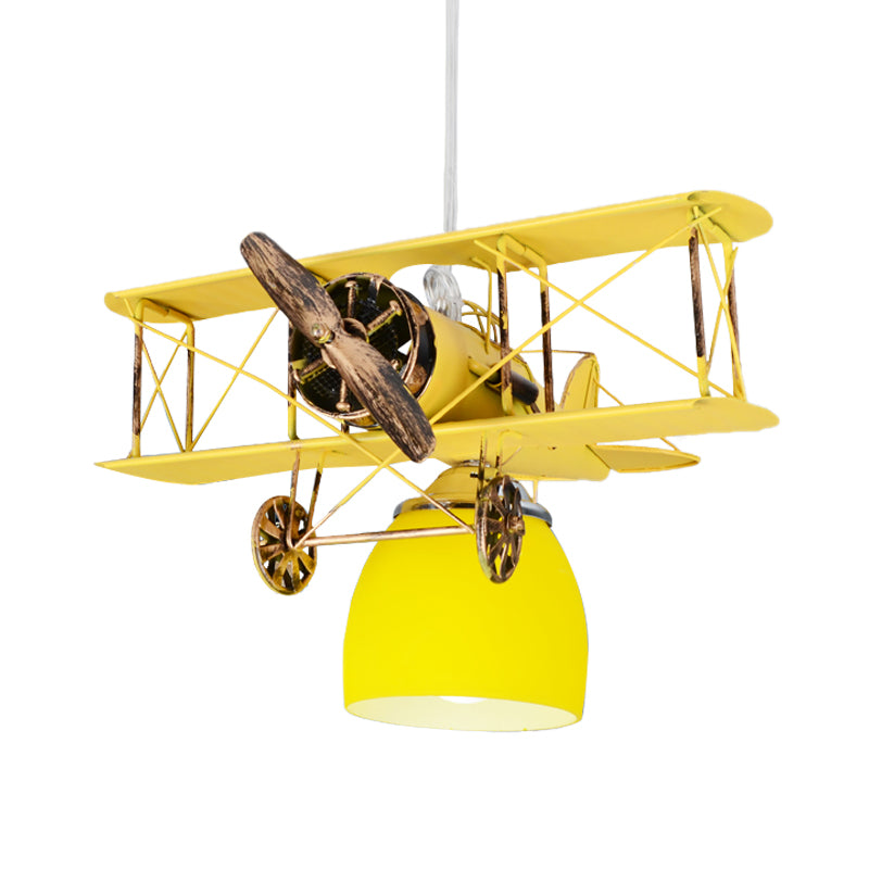 Wright Flyer Aircraft Suspension Light Kids Metal 1 Head Red/Blue/Yellow Pendant Lighting with Bottom Dome Colored Glass Shade Clearhalo 'Ceiling Lights' 'Pendant Lights' 'Pendants' Lighting' 762902