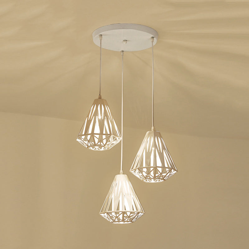 Iron Diamond Cage Multi Light Pendant Modernism 3 Heads White Finish Ceiling Suspension Lamp Clearhalo 'Ceiling Lights' 'Modern Pendants' 'Modern' 'Pendant Lights' 'Pendants' Lighting' 762905