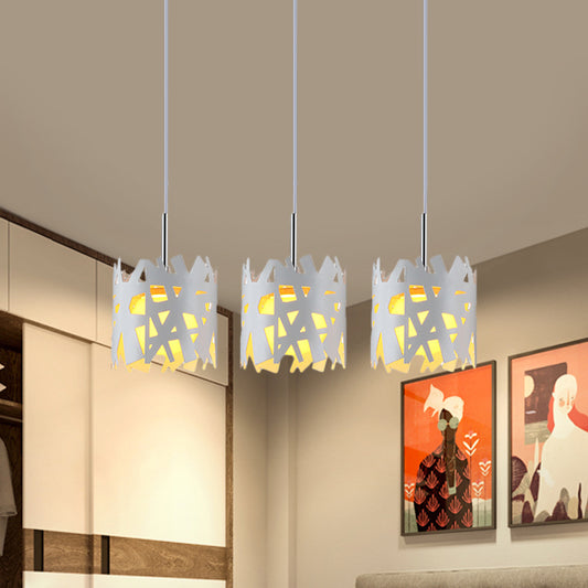 3 Bulbs Living Room Multiple Hanging Light Modernist White Pendant with Hollow-Out Cylinder Iron Shade, Linear Canopy White Linear Clearhalo 'Ceiling Lights' 'Modern Pendants' 'Modern' 'Pendant Lights' 'Pendants' Lighting' 762907