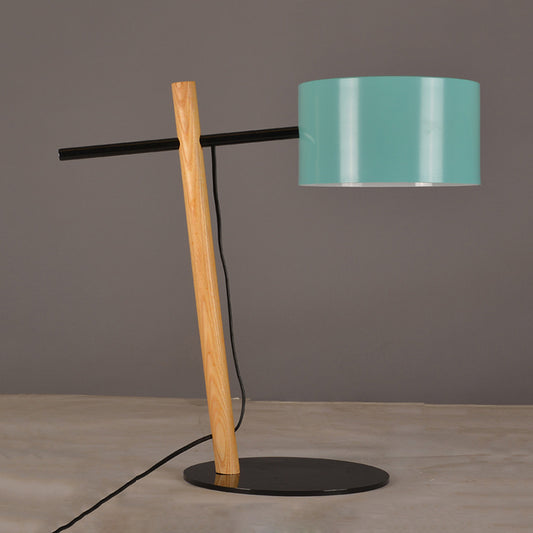 Drum Shape Plug-In Table Lamp Modernist Metallic 1 Light Blue and Wood Desk Lamp with Balance Arm Blue Clearhalo 'Lamps' 'Table Lamps' Lighting' 762971