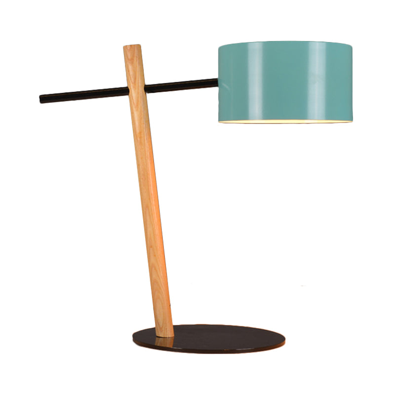 Drum Shape Plug-In Table Lamp Modernist Metallic 1 Light Blue and Wood Desk Lamp with Balance Arm Clearhalo 'Lamps' 'Table Lamps' Lighting' 762972